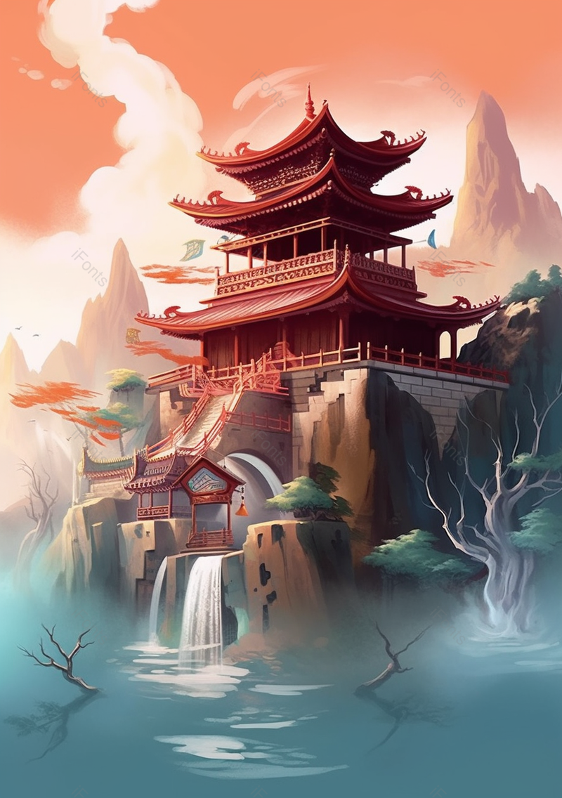 原创唯美古代山边高楼建筑依山伴水中国风插画,插画/手绘图,插画/手绘图库,插画/手绘图下载,插画/手绘